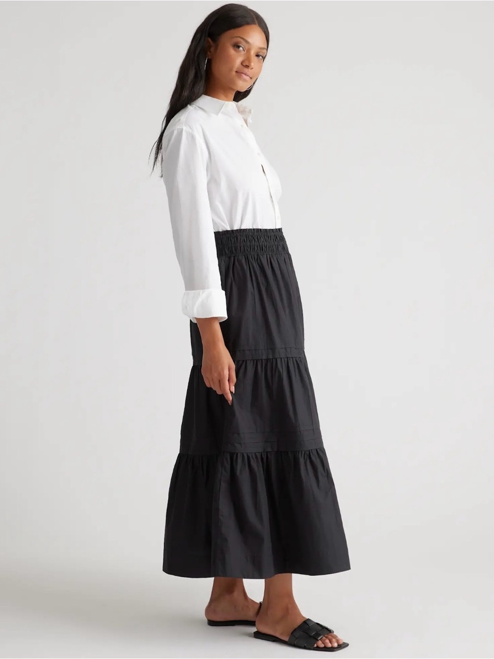 Quince Organic Cotton Poplin Tiered Maxi Skirt – Black XS Regular - Like New - Picture 4 of 9